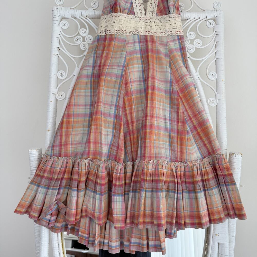 Vintage Cottagecore Dress Large Plaid Halter Crochet Milkmaid Boho Prairie Y2K - Picture 7 of 14